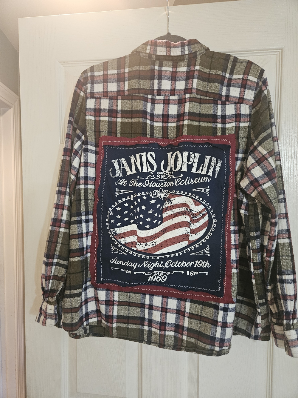 Upcycled Flannel Janis Joplin Graphic Plaid Button-Up Shirt - Olive/Red/White